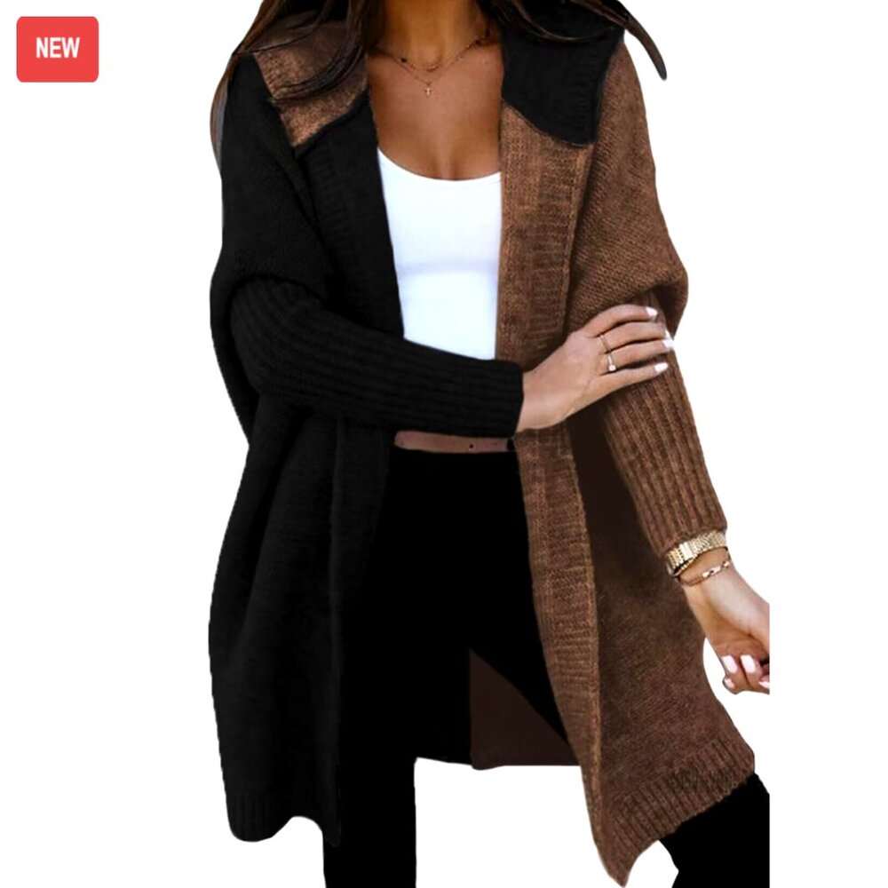 Long Sleeve Hooded Cardigan Sweater Open Front Color Block Knit Casual